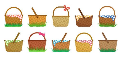 Easter or picnic baskets, set of straw baskets on the grass and with colorful checkered tablecloth. Vector