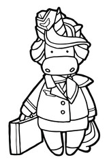Vector illustration. Hand drawing cartoon unicorn stewardess. Isolated on white. Coloring page. Cute character. Original print.