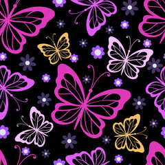 Seamless pattern with  colourful butterflies on dark background. Vector illustration.