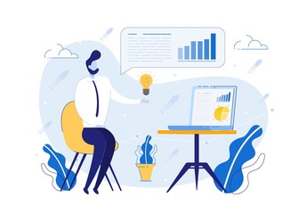 Successful Businessman Gets Brilliant Idea, Solution for Company Profits Growth. Office Employee, Company Staff Worker at Working Place. Business Development Strategy. Flat Vector Illustration.