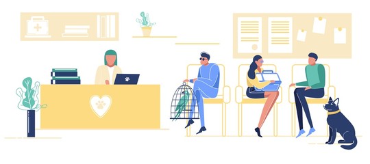 Pet Lovers with Animals Waiting in Veterinary Clinic Queue Sitting on Chairs in Hospital Interior with their Pets. Men and Girl with Dog and Parrot Visit Vet Clinic. Cartoon Flat Vector Illustration