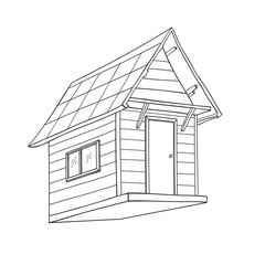 Wooden House with roof exterior vector illustration. Vintage. Home facade with doors and windows. Country house in sketch style.