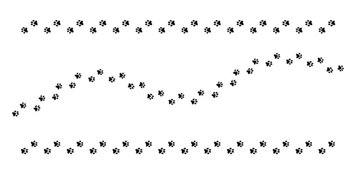 Paw vector foot trail print of cat. Set of dog, puppy silhouette animal diagonal tracks for t-shirts, backgrounds, patterns, websites, showcases design, greeting cards, child prints and etc.