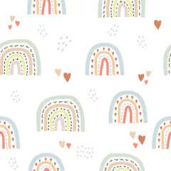 Fototapeten Nahtloses süßes Muster im skandinavischen Stil für Kinder, Kinder. Regenbogen- und Herzsternhintergrund. Nordischer Stil für Stoffe, Tapeten, Kleidung, Windeln, Bekleidung, Planer, Aufkleber © Quils