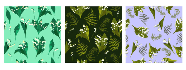 Set of seamless patterns with lilies of the valley. Vector graphics.