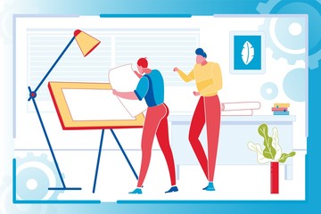 Standing Architect Men Talking near Drawing Board on Workplace in Studio. Male Character Holding big Paper Sheet with Project. Professional Working with Adjustable Table. Modern Flat Illustration