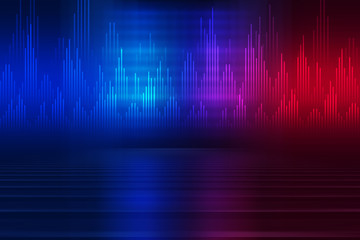 Background empty show scene. Ultraviolet dark abstract background. Geometric neon shapes, neon glow, blue and pink lighting
