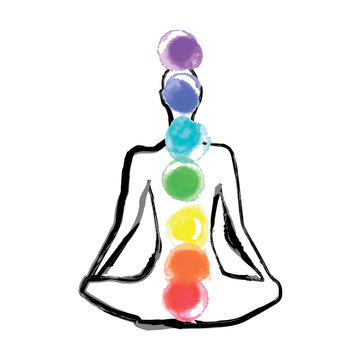 Vector illustration. silhouette sitting in lotus pose of yoga with chakras colors Isolated on white