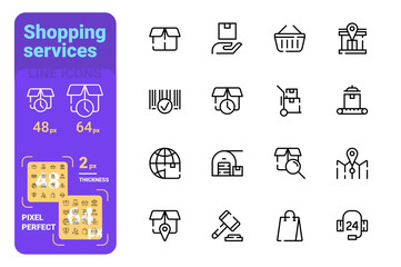 Set shopping simple lines icons of box, delivery, support.