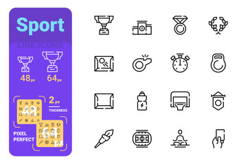 Set sport simple lines icons of medal, energy and meditation.