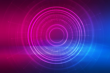 Dark abstract futuristic background. The geometric shape of the cyber circle in the middle of the scene. Neon blue-pink rays of light on a dark background