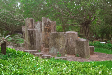 Rainforest Sanya China. Jungle and stone structures.