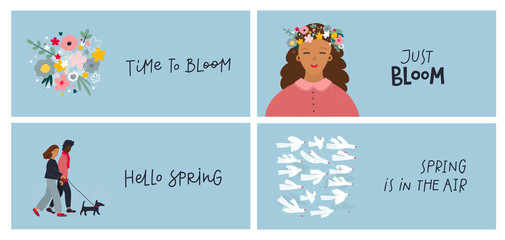 Girl spring lettering illustration postcard bundle