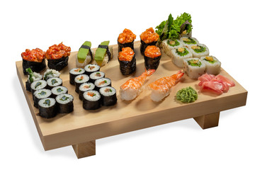 Sushi set on wooden board