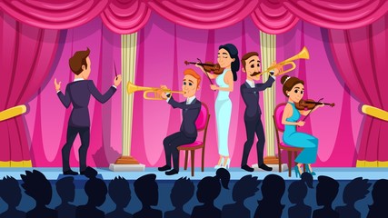 Informational Poster Conductor with an Orchestra. Team Improves Performing Technique, Presents New Works. Men and Women in Evening Dresses Play Music on Stage. Vector Illustration.