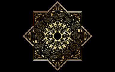 Circle pattern petal flower of mandala with gold color,Vector floral mandala patterns unique design with black background,Hand drawn pattern