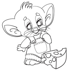 cute little mouse in overalls puzzledly stands next to a large piece of cheese, outline drawing, isolated object on a white background,