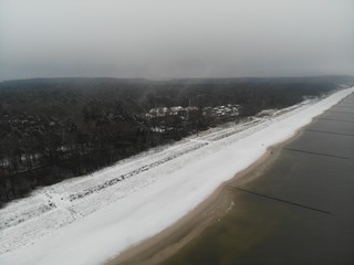 Aerial view of snowy coastal line, Baltic sea, Ueckeritz, Bansin, Germany