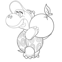 cute turtle character holds big apple in its paws, outline drawing, isolated object on white background,