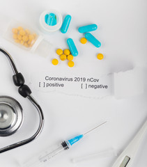 Concept of new chinese corona virus. Medicine equipment and pills