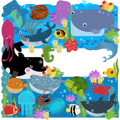 cartoon scene with different sea or ocean animals in the coral reef illustration