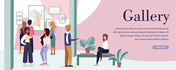 Contemporary Gallery Banner Page with Text Information for Visitors. Cartoon Male and Female People Characters Enjoying Watching Paintings, Conversation with Art Lovers. Vector Flat Illustration