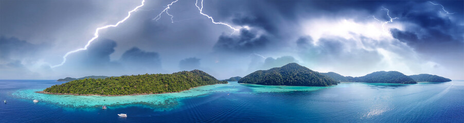 Surin Islands National Park from drone with storm approaching, Thailand