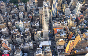 New York City, USA. Sunset aerial view of Midtown Manhattan skyscrapers from a high viewpoint