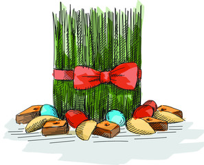 Colorful sketch of Khoncha for Nowruz Holiday. Samani decorated with ribbon. Sweet pastries such as pakhlava, shekerbura and eggs are placed around. 