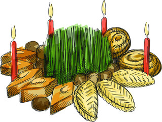 Colorful sketch of Khoncha for Nowruz Holiday. Samani and candles. Around the samani different sweet pastries such as pakhlava, shekerbura and gogal and walnuts are placed. 