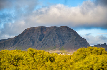 Beautiful mountain of Iceland over a green meadow in summer season