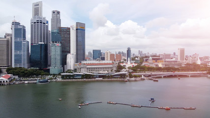 SINGAPORE - JANUARY 4, 2020: Aerial view of city buildings from Marina Bay area at sunset