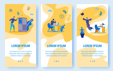Information Banner, Distance Learning at Home. Man Uses an Atm, Young Man Works on Laptop, Sitting at Home Table. Student Guy is Wearing Robe and Jumping for Book. Vector Illustration.