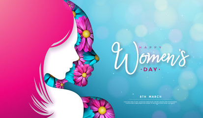 8 March. Women's Day Greeting Card Design with Young Woman Silhouette and Flower. International Female Holiday Illustration with Typography Letter on Blue Background. Vector Calebration Template.