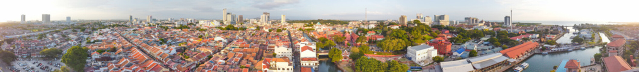 Panoramic aerial view of Melaka at sunset, Malaysia. Cityscape of Malacca