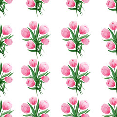 Fototapeta na wymiar seamless repeat pattern with tulip flowers bouquet on white, springtime floral background, great for packing projects, invitation, fabric, watercolor surface pattern design