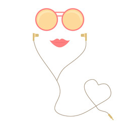 Red and gold sunglasses, lips and earphones vector illustration, abstract female face