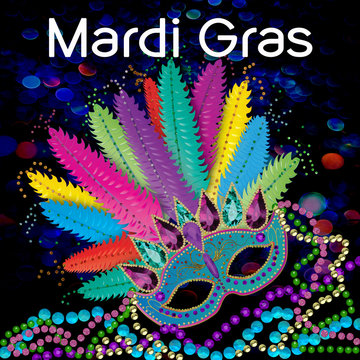 Mardi Gras illustration graphic image of ornate mask with colorful feathers and beads.