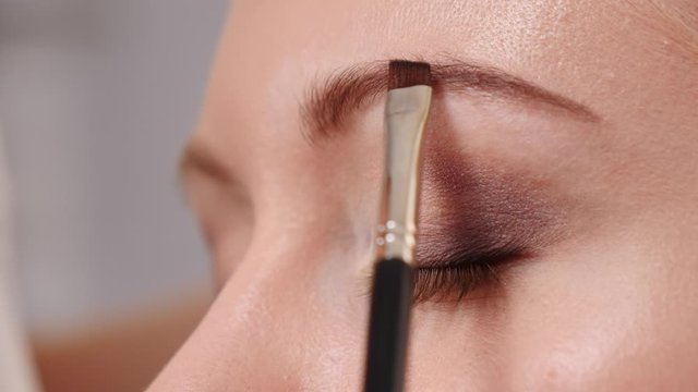 Makeup artist applying with brush brown dark color to female eyebrows.  Cosmetic beauty procedures. Slow motion