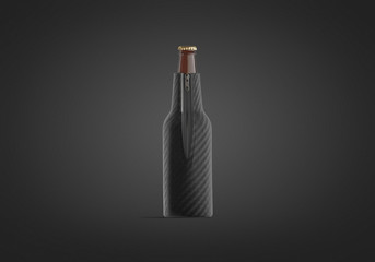 Blank black collapsible beer bottle koozie mockup, dark background