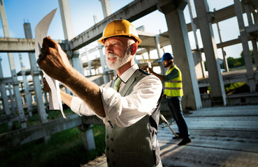 Confident construction engineer, architect, businessman in hardhat working on building site