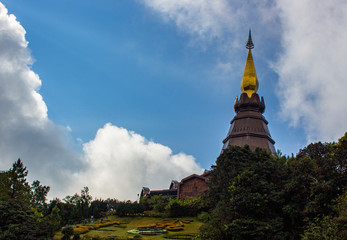 Fototapeta premium Landscape of temple at the mountain with blue sky background. 