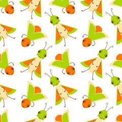 Vector seamless pattern with a cute insect bug and doodle element on a white background. Flat design for children. Cartoon kawaii funny character