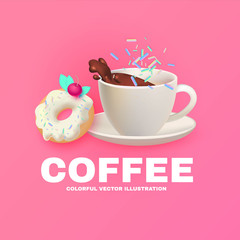 Cafe Ad Design Template. Coffee and Sweets. Chocolate and Donut. Candy. Cute and Delicious.