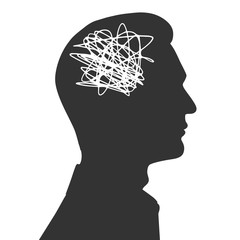 Tangled thoughts in a male head. The concept of anxiety and problems. Vector illustration