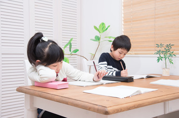 ダイニングで勉強をする小学生の子供