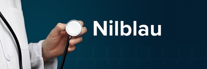 Nilblau. Arzt im Kittel hält Stethoskop. Das Wort Nilblau steht daneben. Symbol für Medizin,...