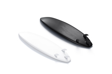 Blank black and white wood surfboarf with fins mockup, isolated