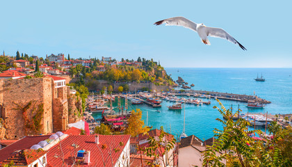 Panoramic view of Old Town port with Mediterrranean Sea -Antalya, Turkey