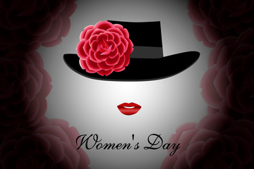 Поздравительная открытка  для женского дня. Иллюстрация страстной женщины, девушки в черной шляпе с розой и яркими губами.